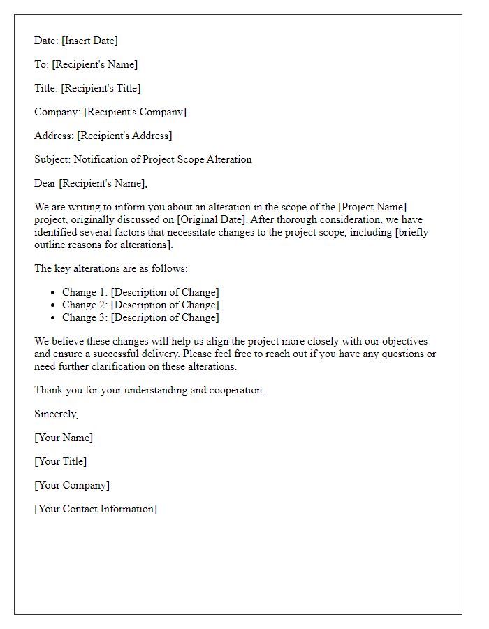 Letter template of notification for project scope alteration