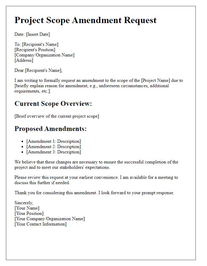 Letter template of project scope amendment request