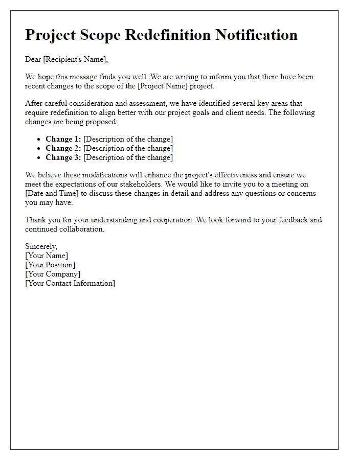 Letter template of project scope redefinition notification