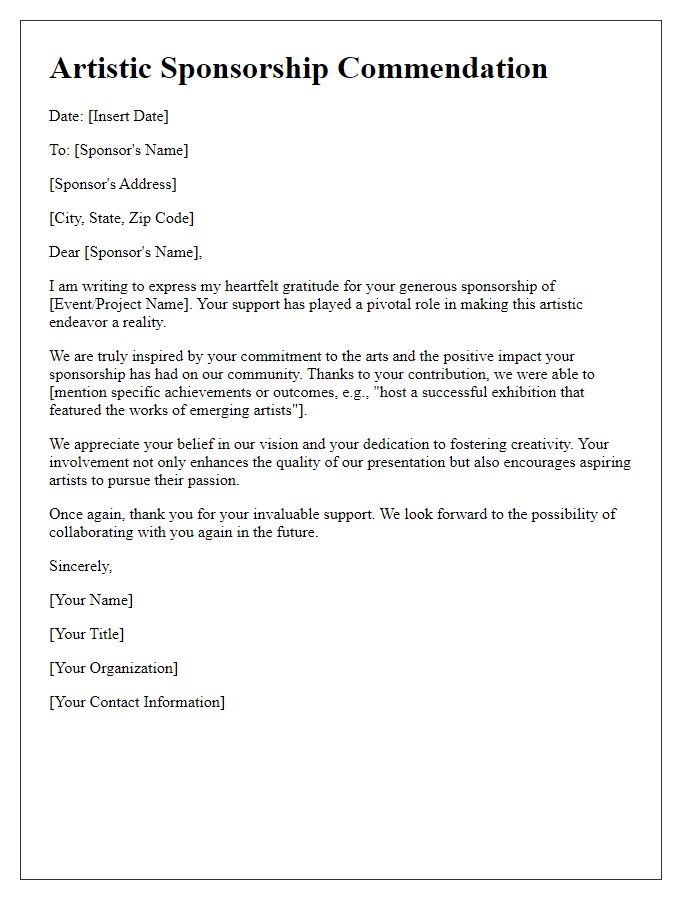 Letter template of artistic sponsorship commendation