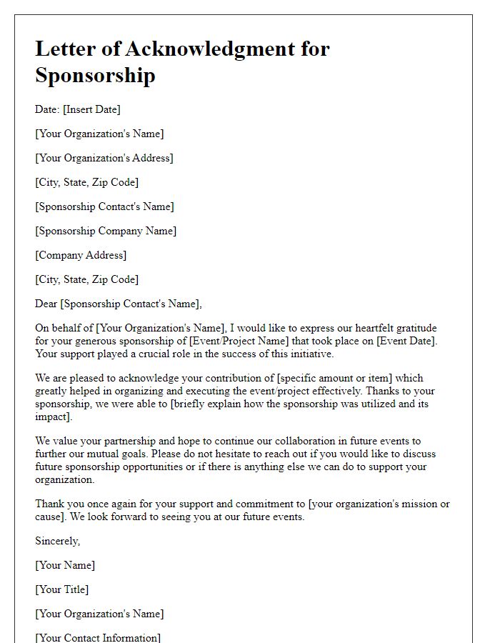 Letter template of formal sponsorship acknowledgment