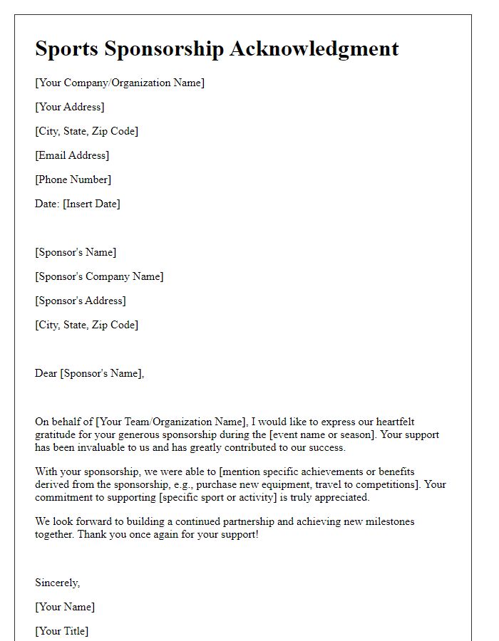 Letter template of sports sponsorship acknowledgment