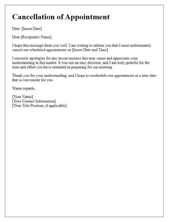 Letter template of appointment cancellation with gratitude and apologies.