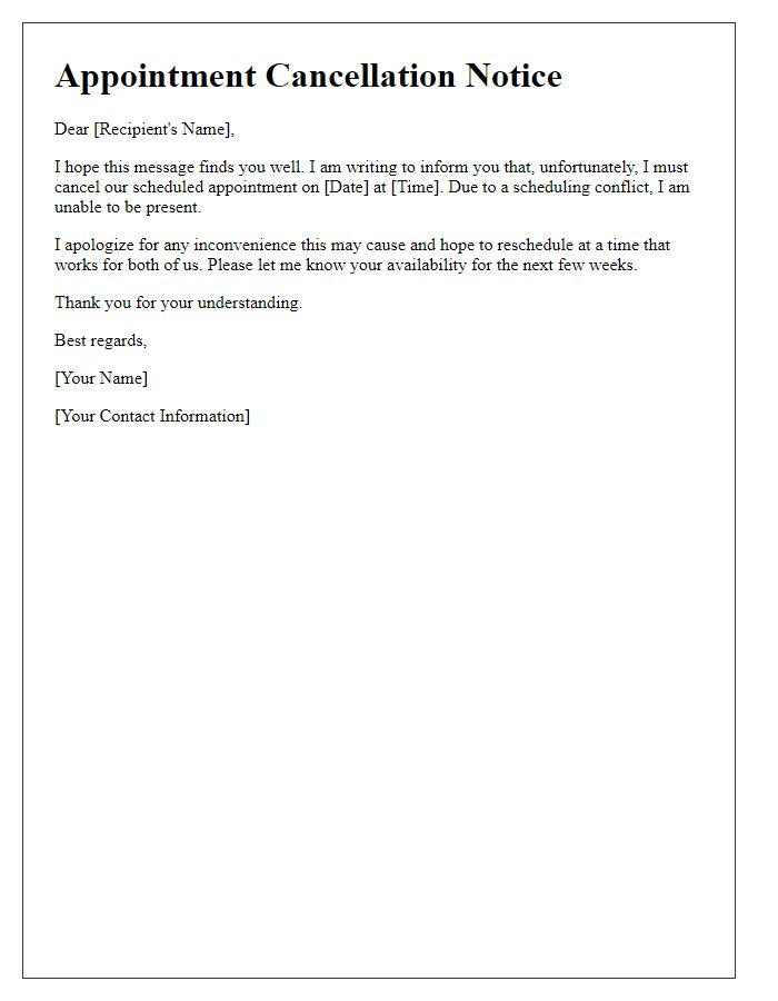 Letter template of appointment cancellation for scheduling conflicts.
