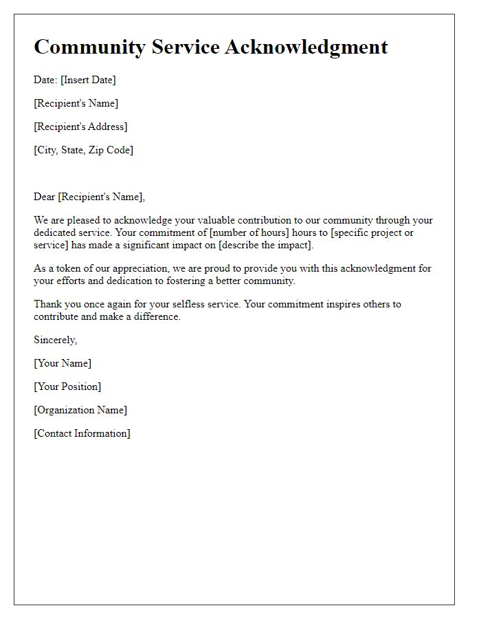 Letter template of Community Service Acknowledgment