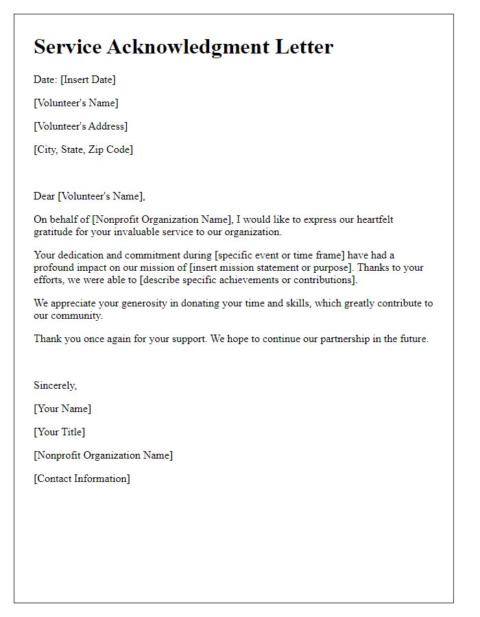 Letter template of Nonprofit Service Acknowledgment