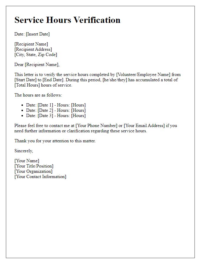 Letter template of Service Hours Verification