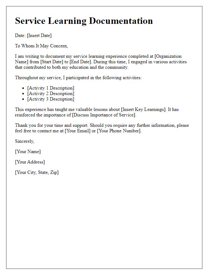 Letter template of Service Learning Documentation