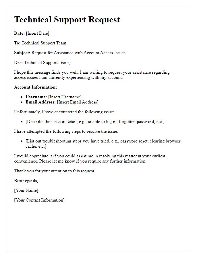 Letter template of Technical Support Request for Account Access Issues