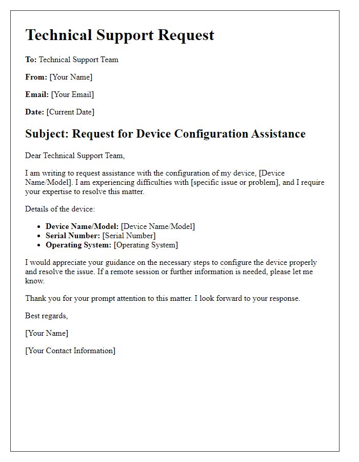 Letter template of Technical Support Request for Device Configuration Assistance