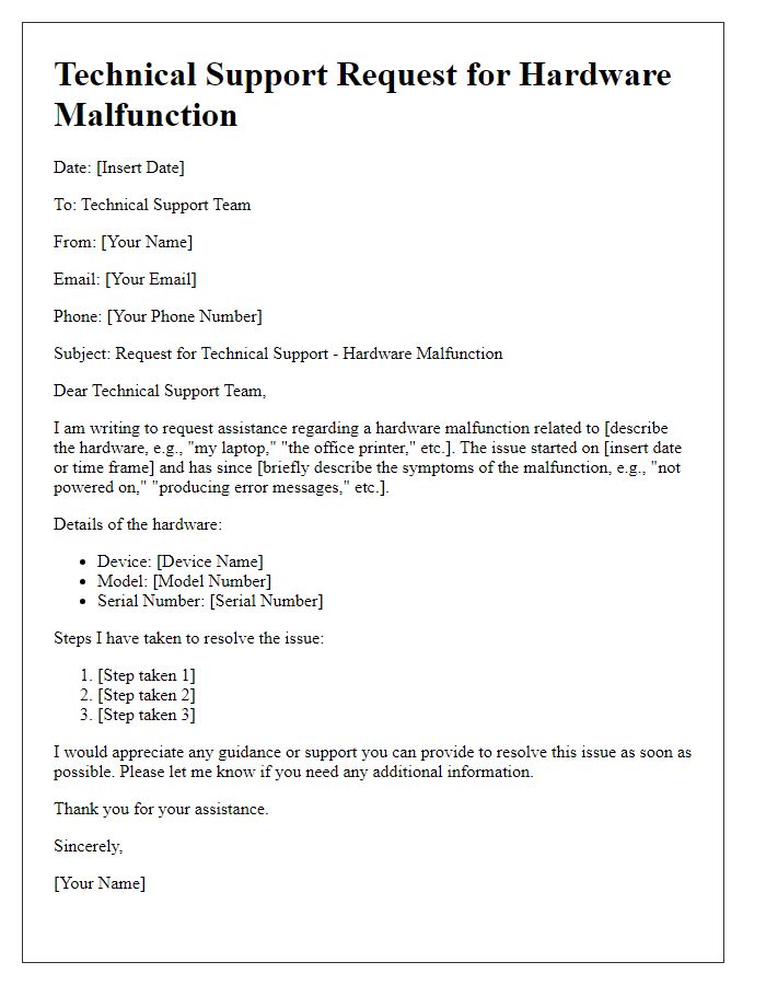 Letter template of Technical Support Request for Hardware Malfunction