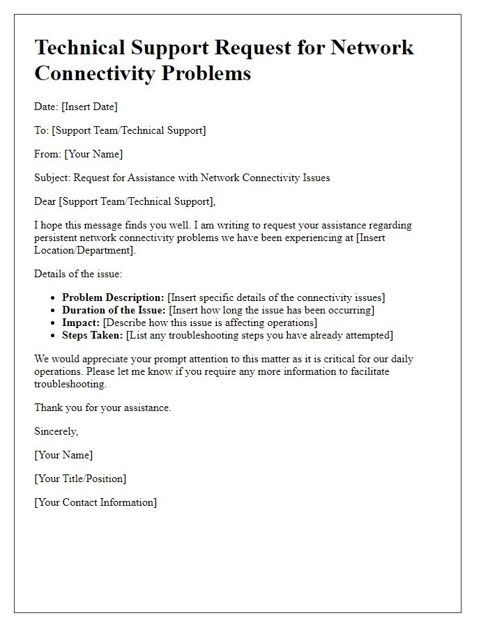 Letter template of Technical Support Request for Network Connectivity Problems