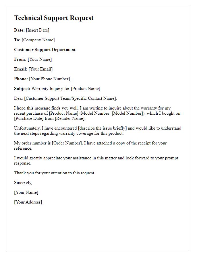 Letter template of Technical Support Request for Product Warranty Inquiries