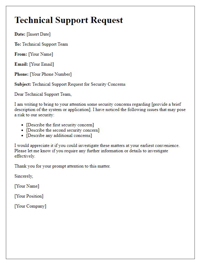 Letter template of Technical Support Request for Security Concerns