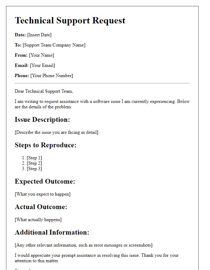 Letter template of Technical Support Request for Software Issues