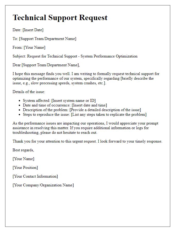 Letter template of Technical Support Request for System Performance Optimization