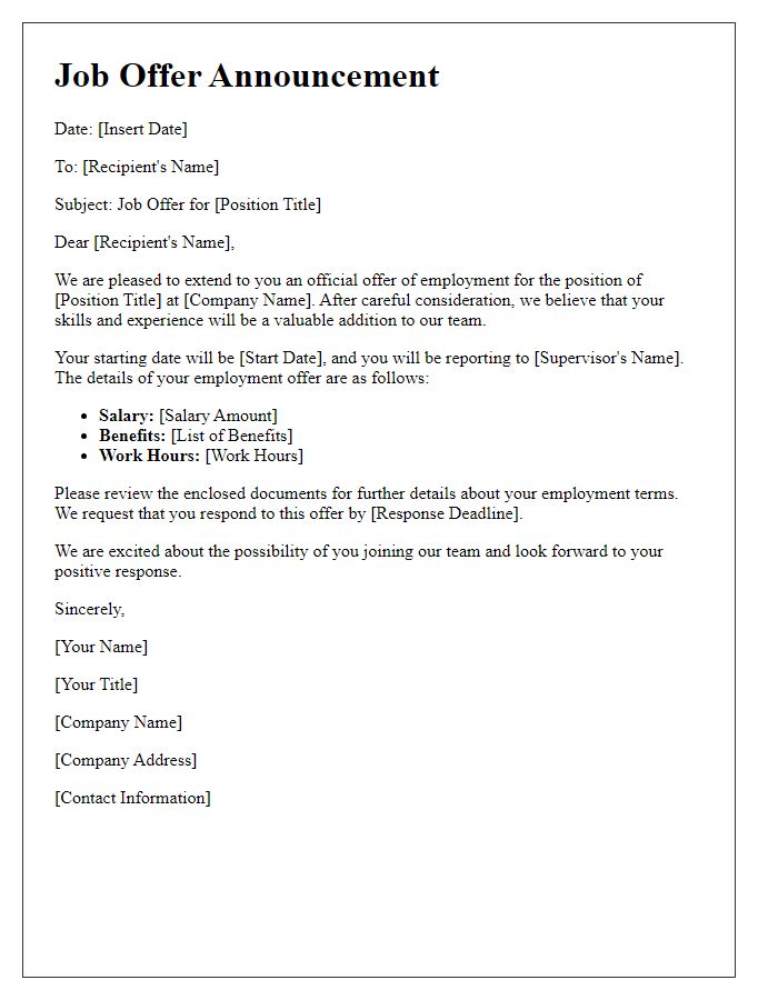 Letter template of job offer announcement