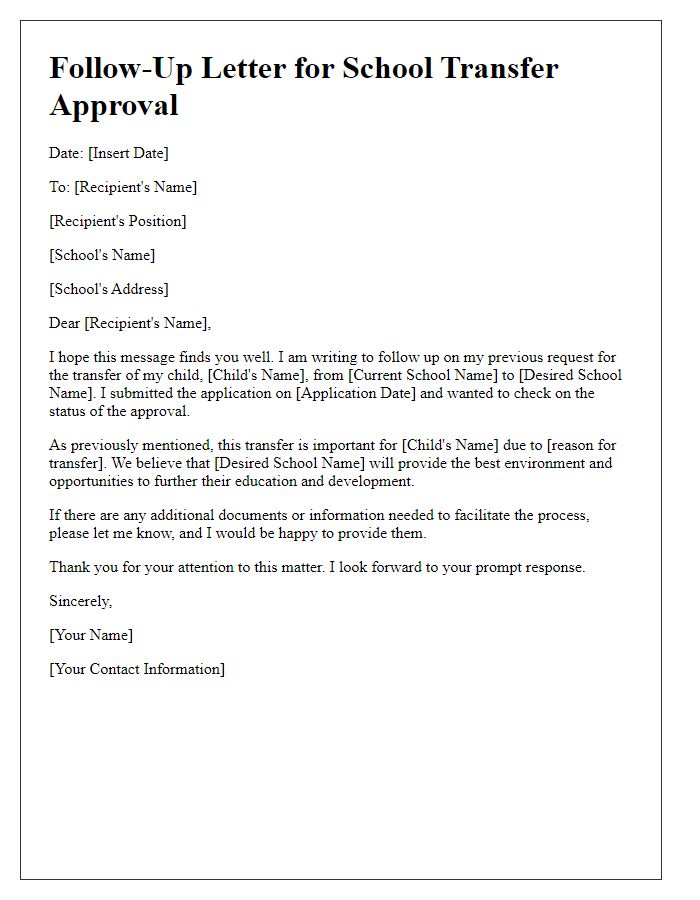 Letter template of follow-up for school transfer approval