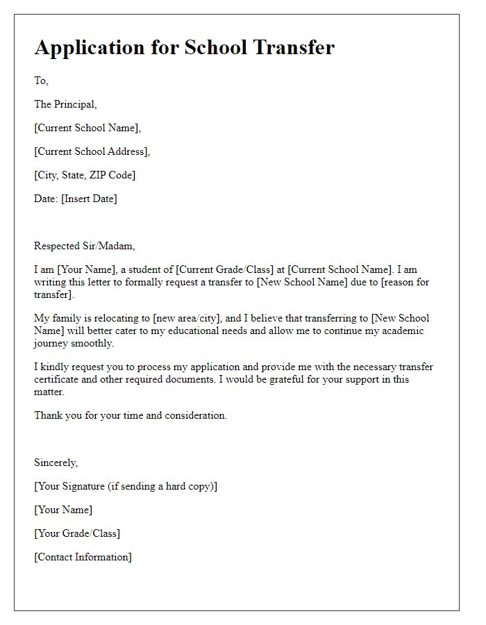 Letter template of formal application for school transfer