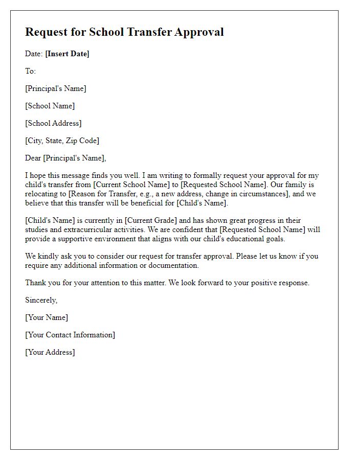 Letter template of request for school transfer approval