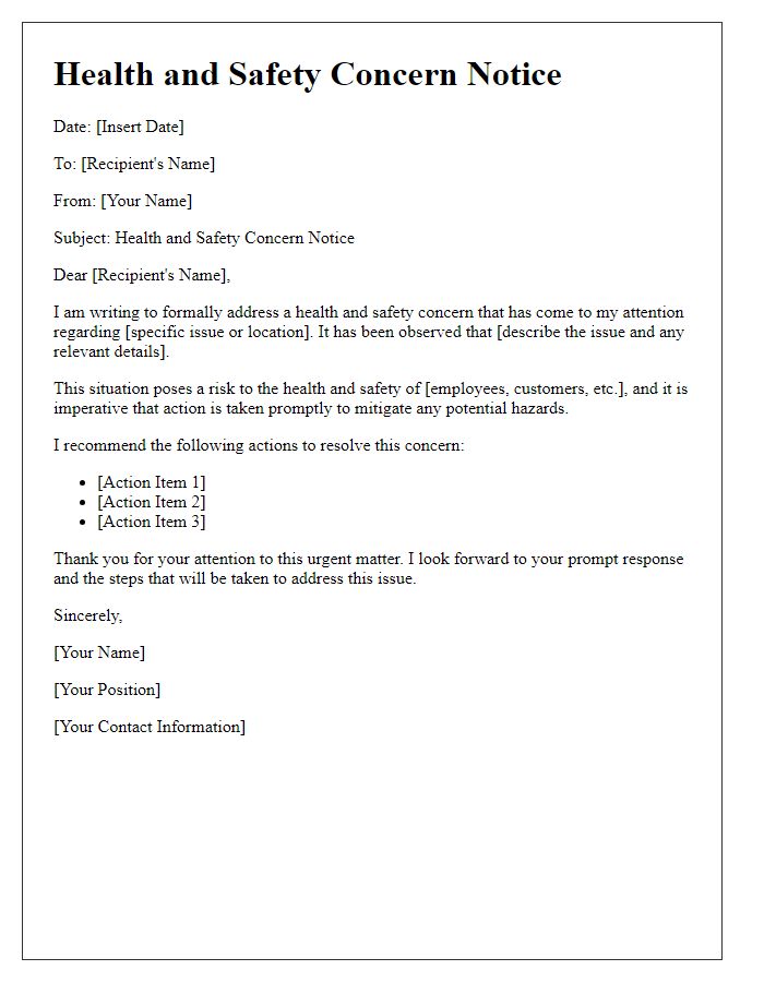 Letter template of health and safety concern notice