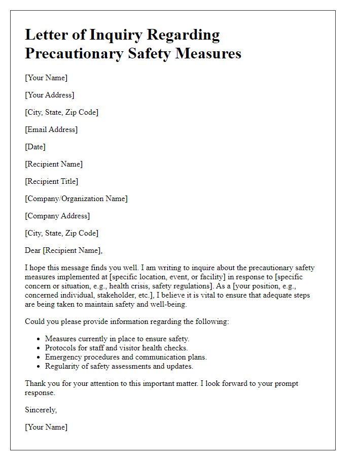 Letter template of precautionary safety measures inquiry