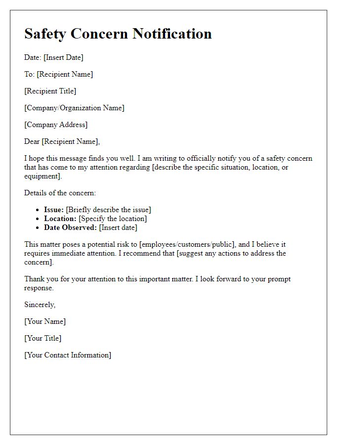 Letter template of safety concern notification