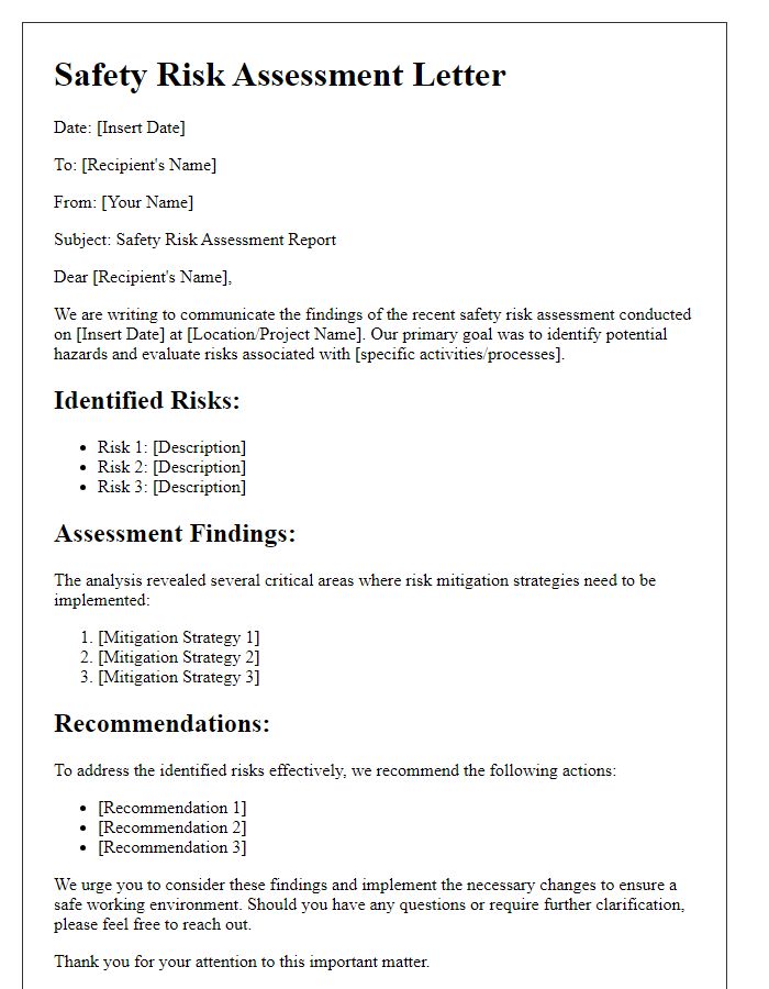 Letter template of safety risk assessment