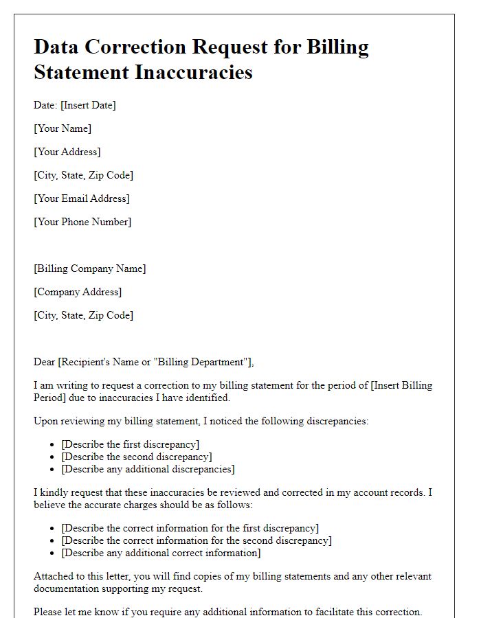 Letter template of data correction request for billing statement inaccuracies