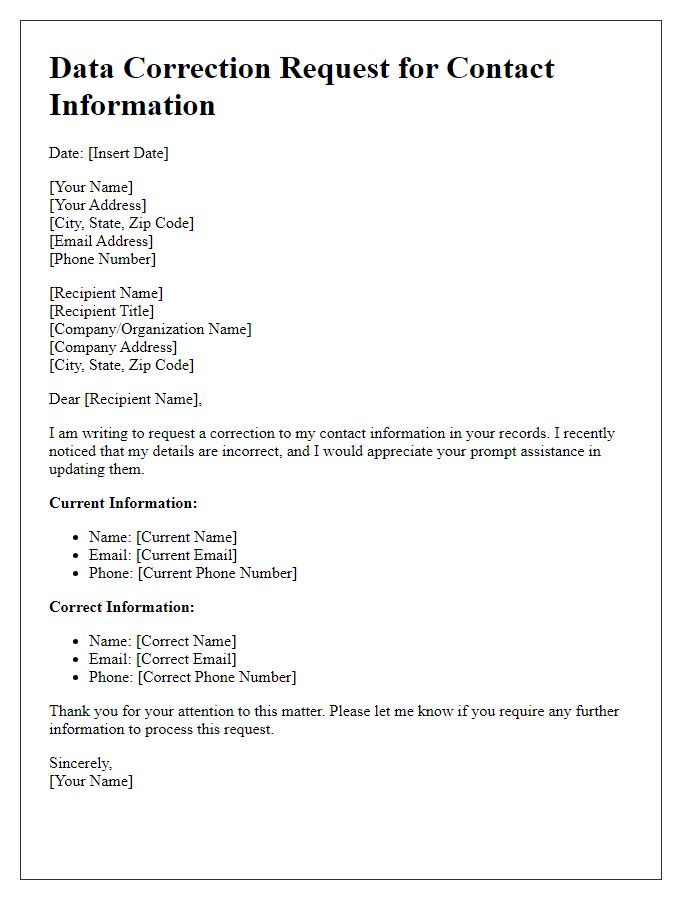 Letter template of data correction request for contact information changes