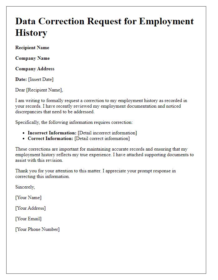 Letter template of data correction request for employment history revisions