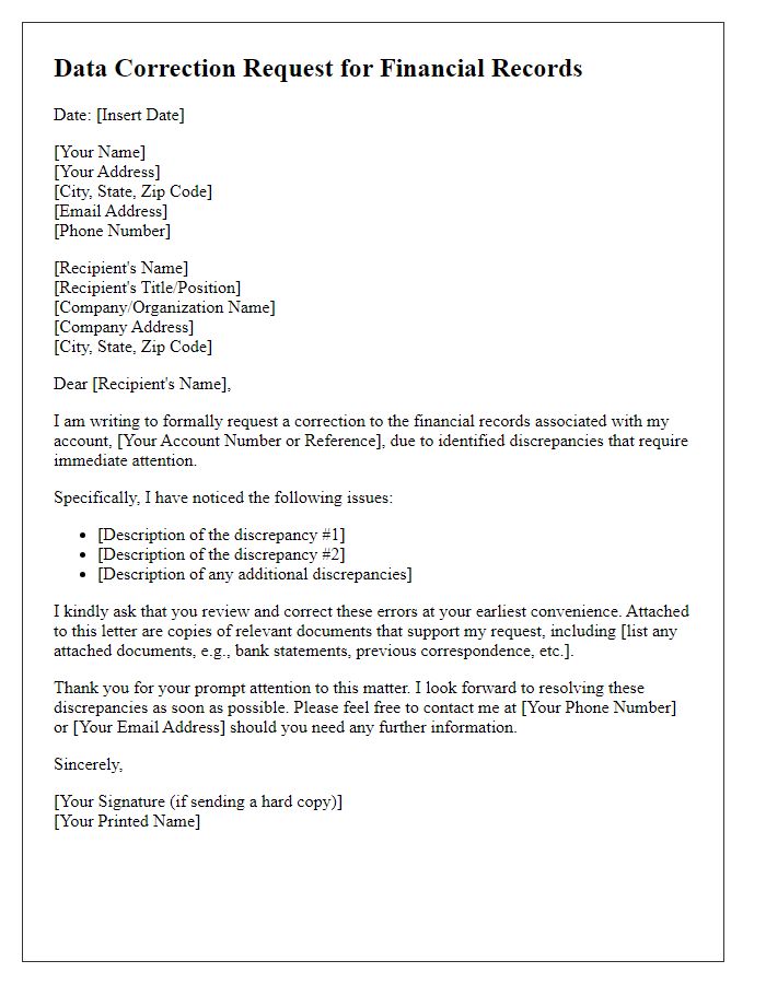 Letter template of data correction request for financial record adjustments