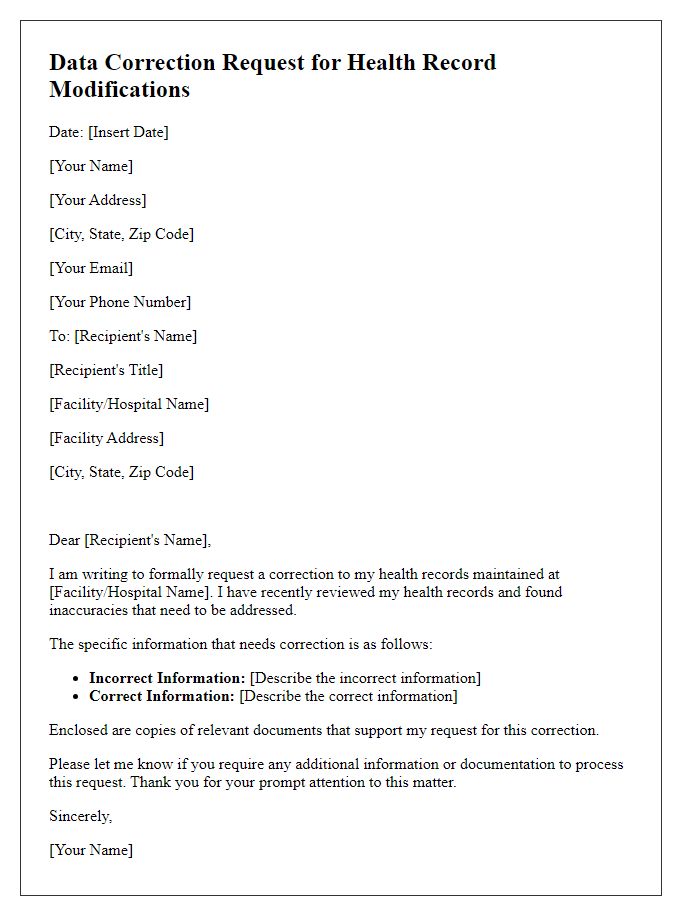 Letter template of data correction request for health record modifications