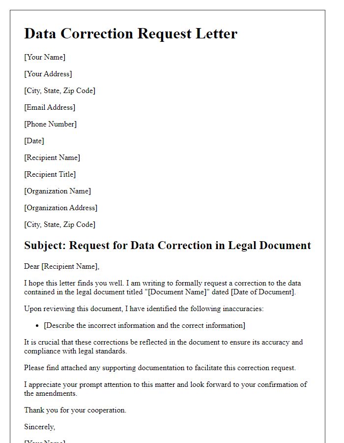 Letter template of data correction request for legal document amendments