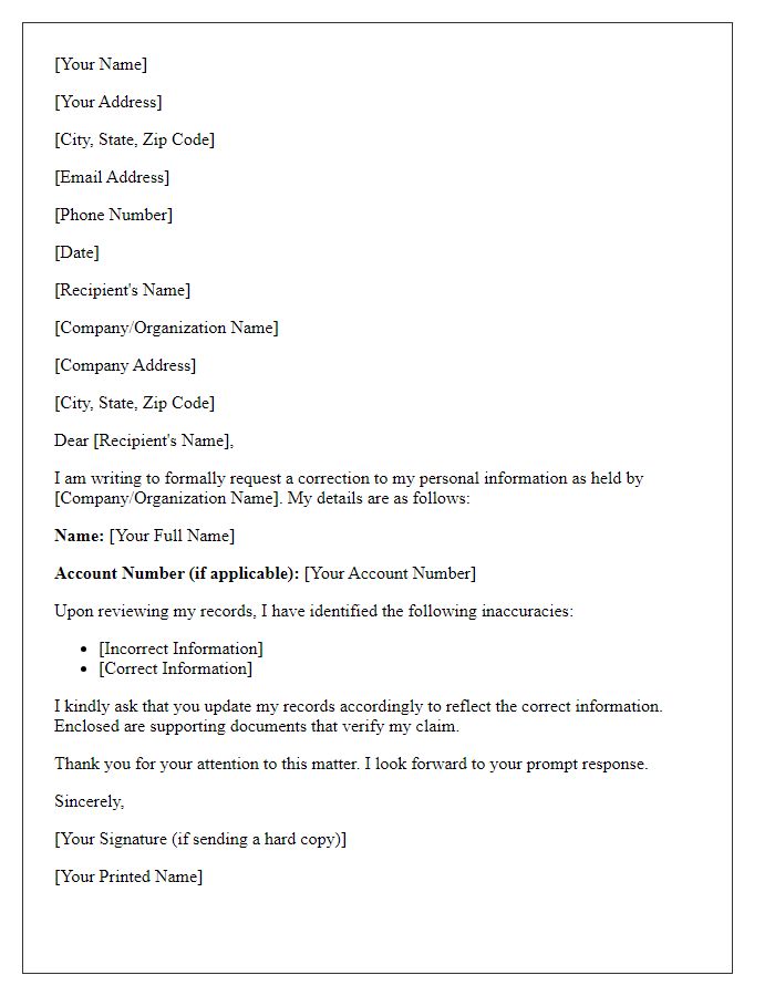 Letter template of data correction request for personal information update