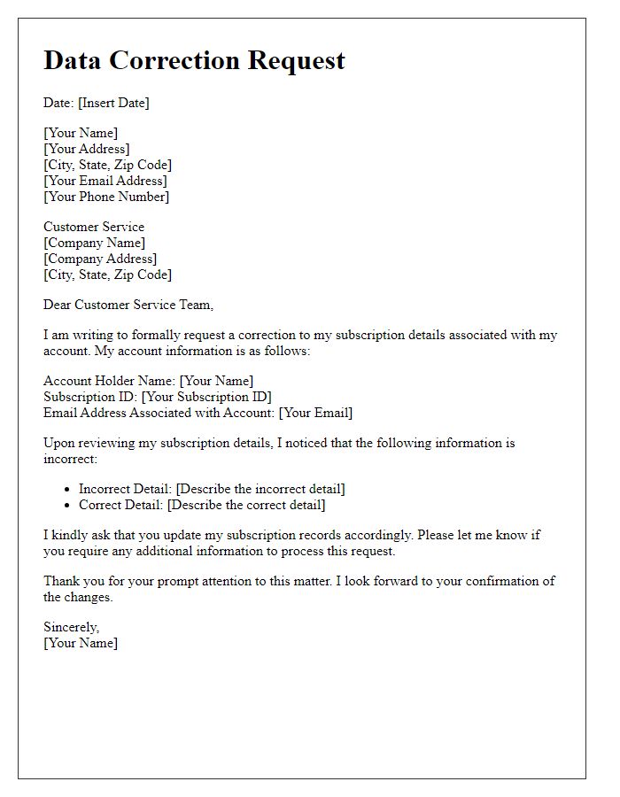 Letter template of data correction request for subscription details adjustment