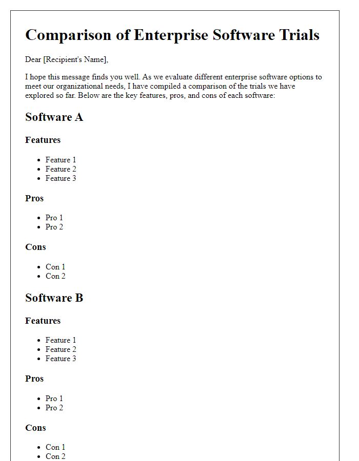 Letter template of comparison for different enterprise software trials