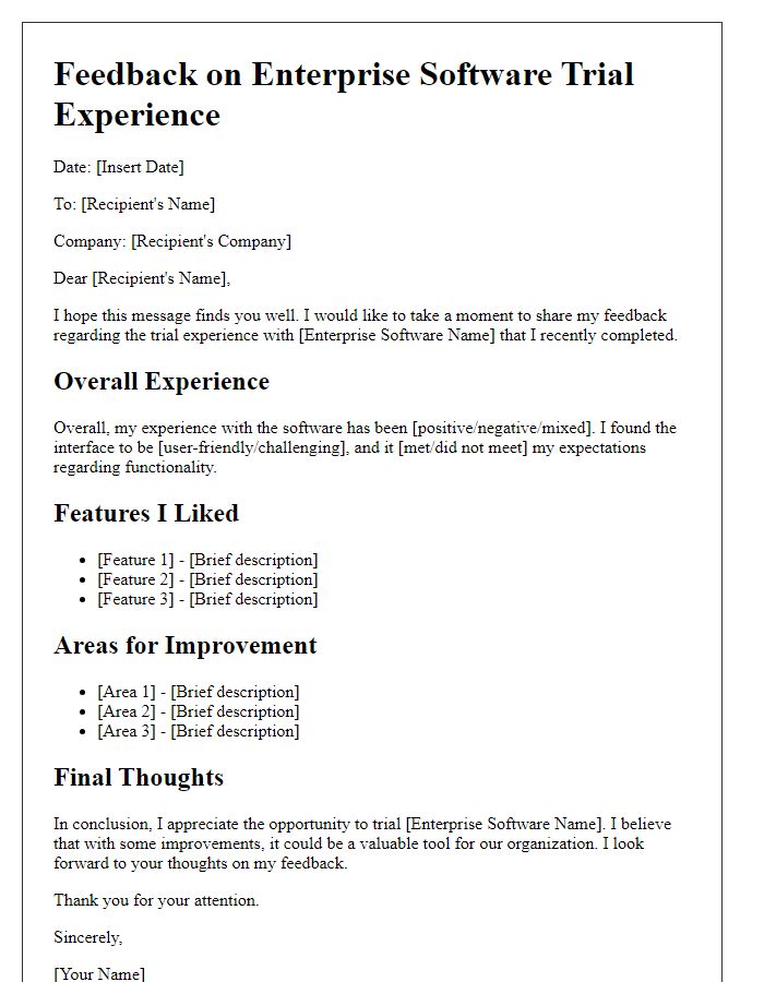 Letter template of feedback on enterprise software trial experience