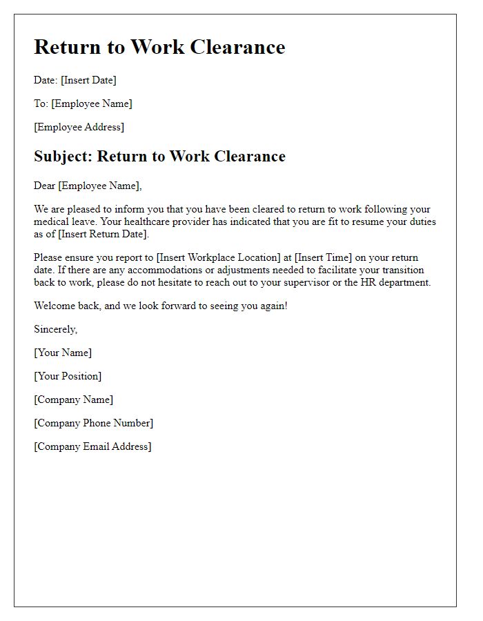 Letter template of return to work clearance after medical leave