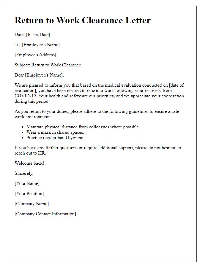 Letter template of return to work clearance due to COVID-19 recovery