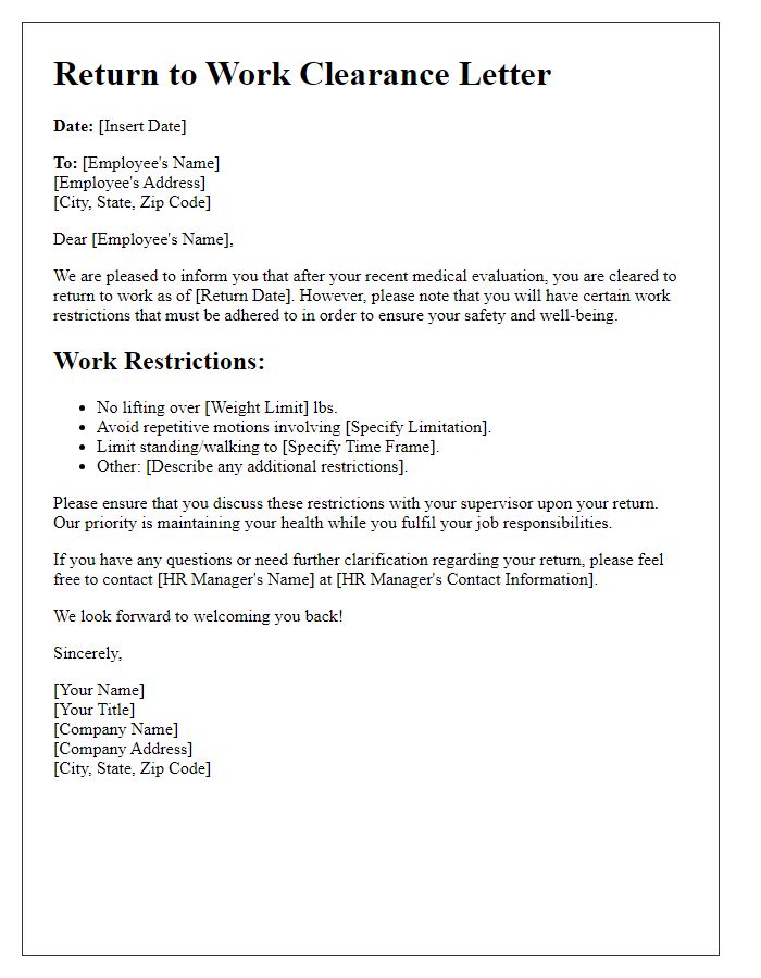 Letter template of return to work clearance with work restrictions