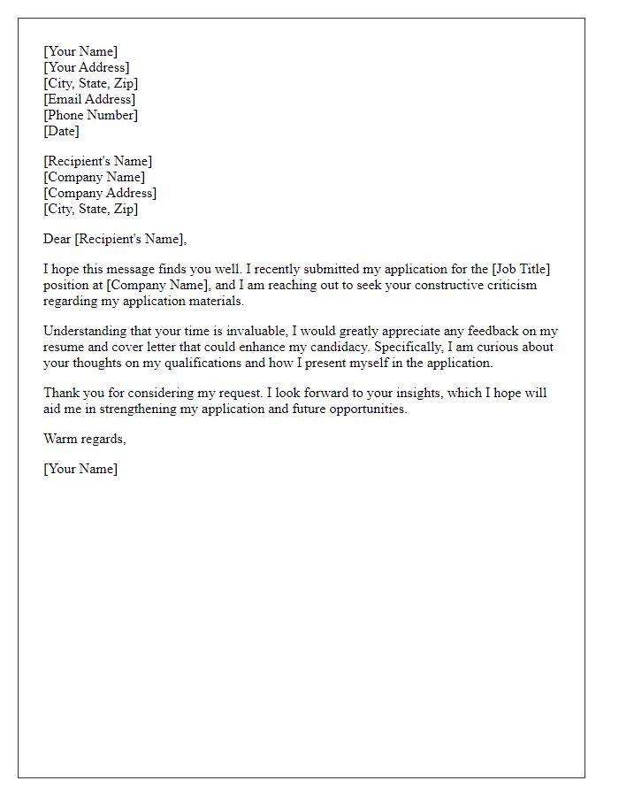 Letter template of seeking constructive criticism on job application