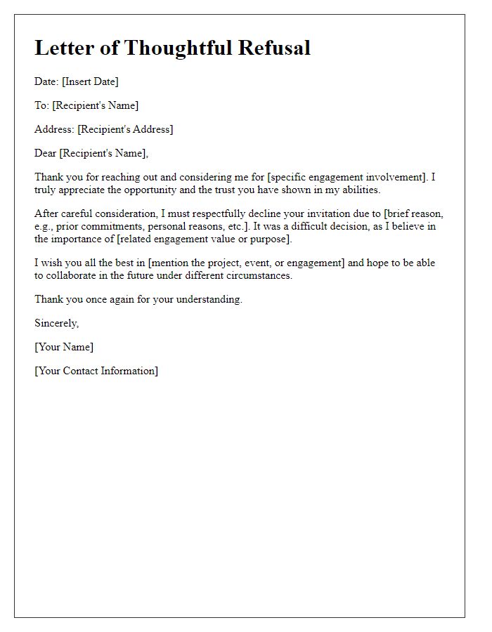 Letter template of thoughtful refusal for engagement involvement