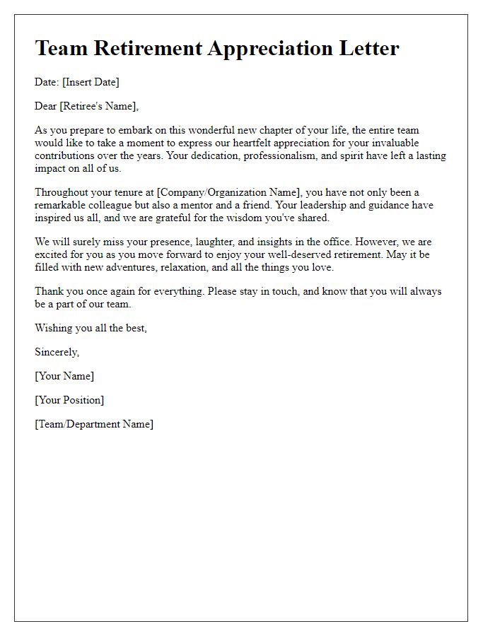 Letter template of team retirement appreciation letter