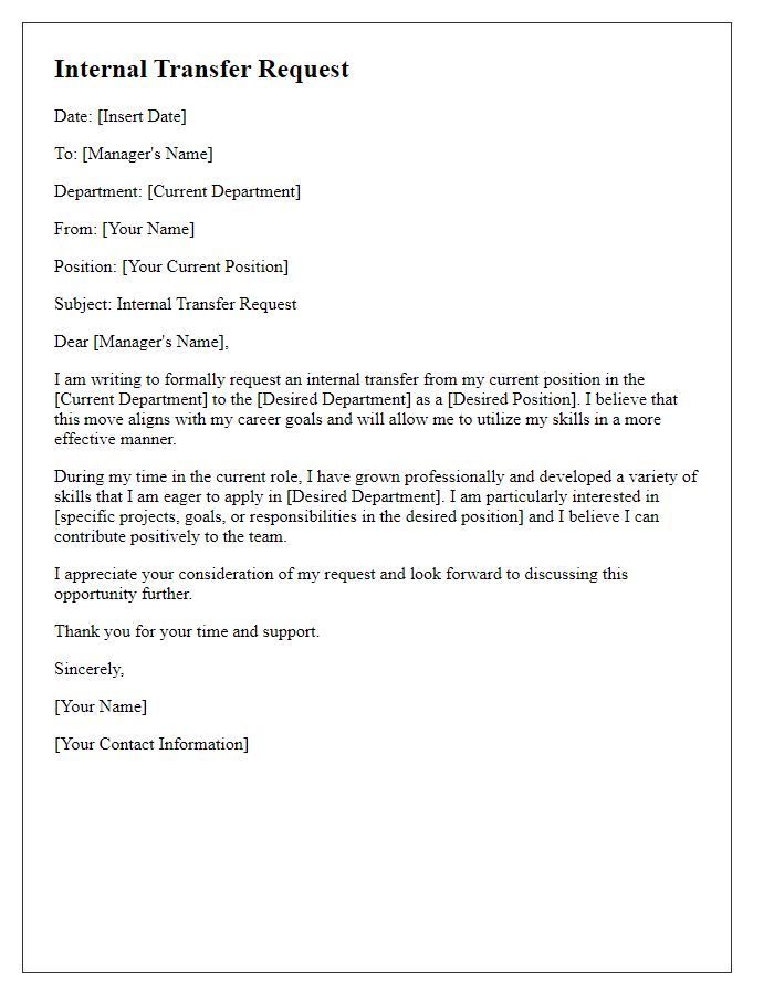 Letter template of employee internal transfer request