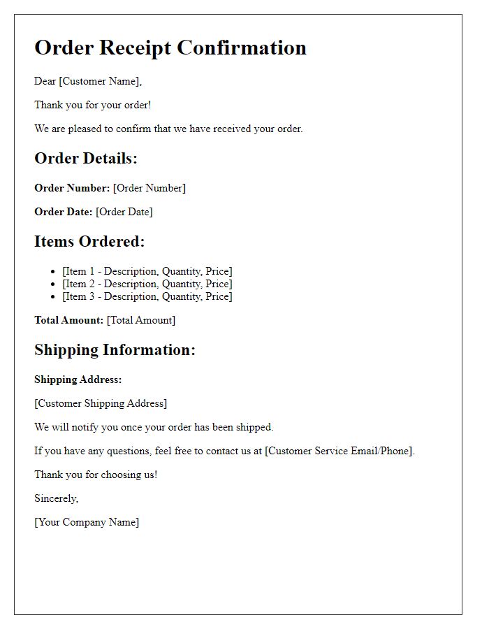 Letter template of Order Receipt Confirmation