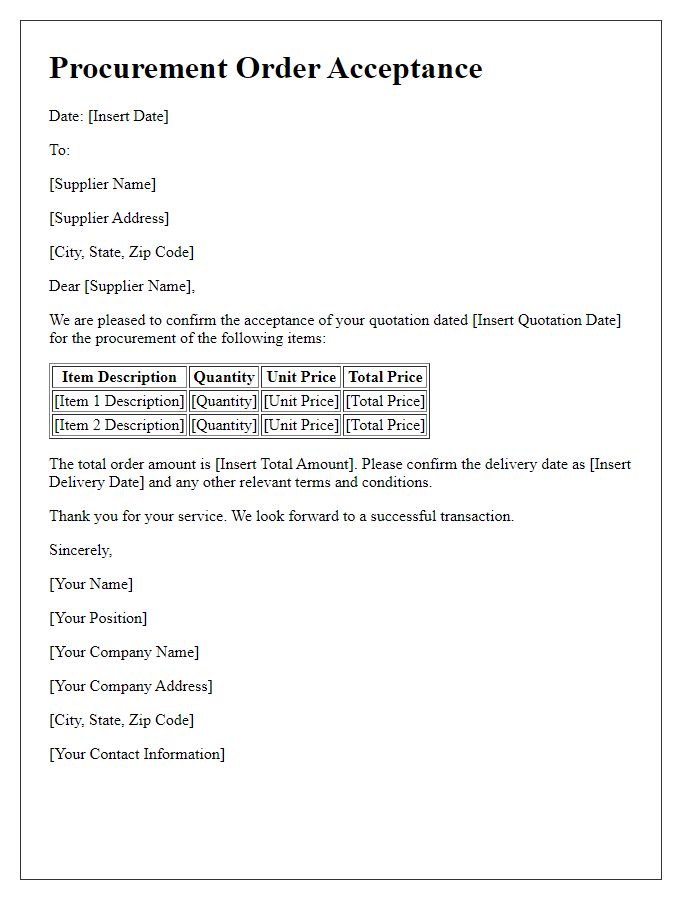 Letter template of Procurement Order Acceptance