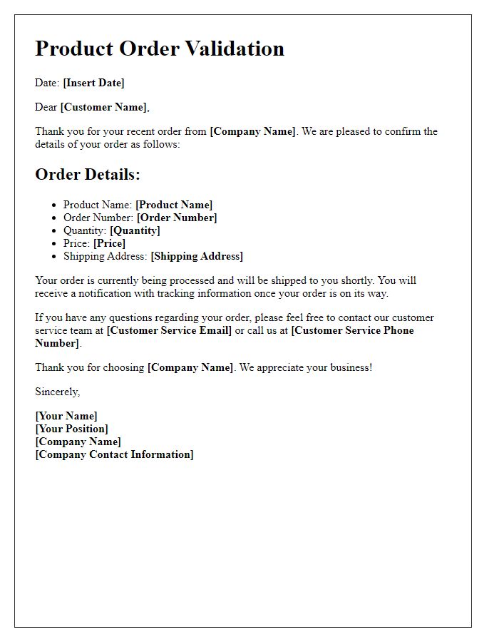Letter template of Product Order Validation