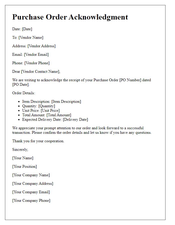 Letter template of Purchase Order Acknowledgment