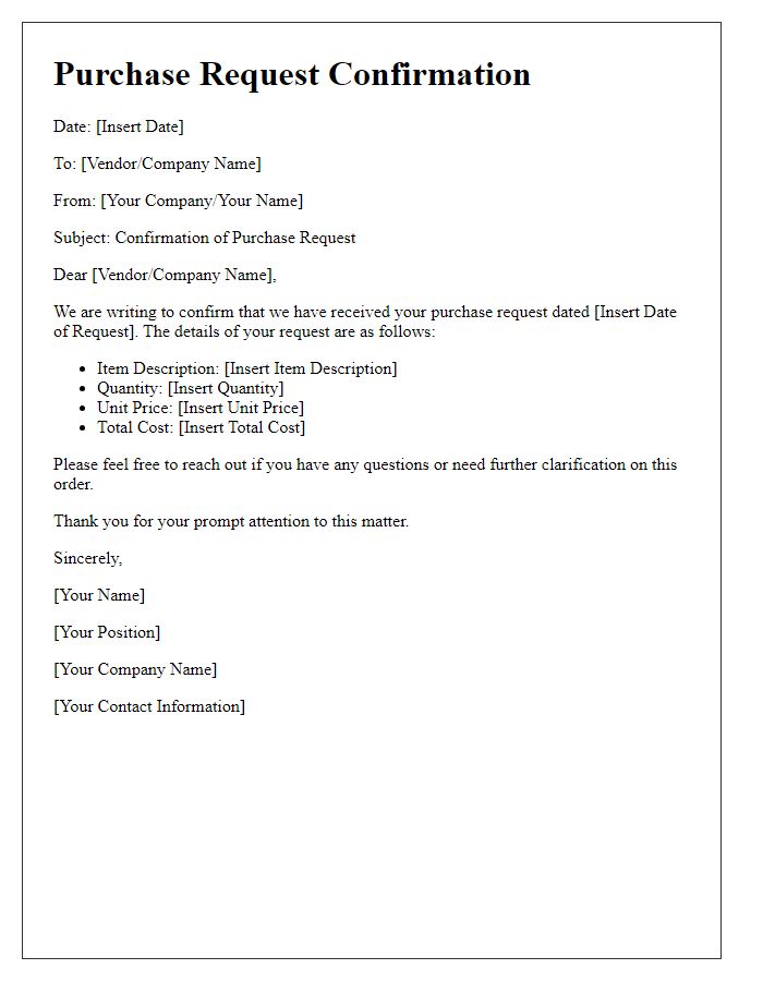 Letter template of Purchase Request Confirmation